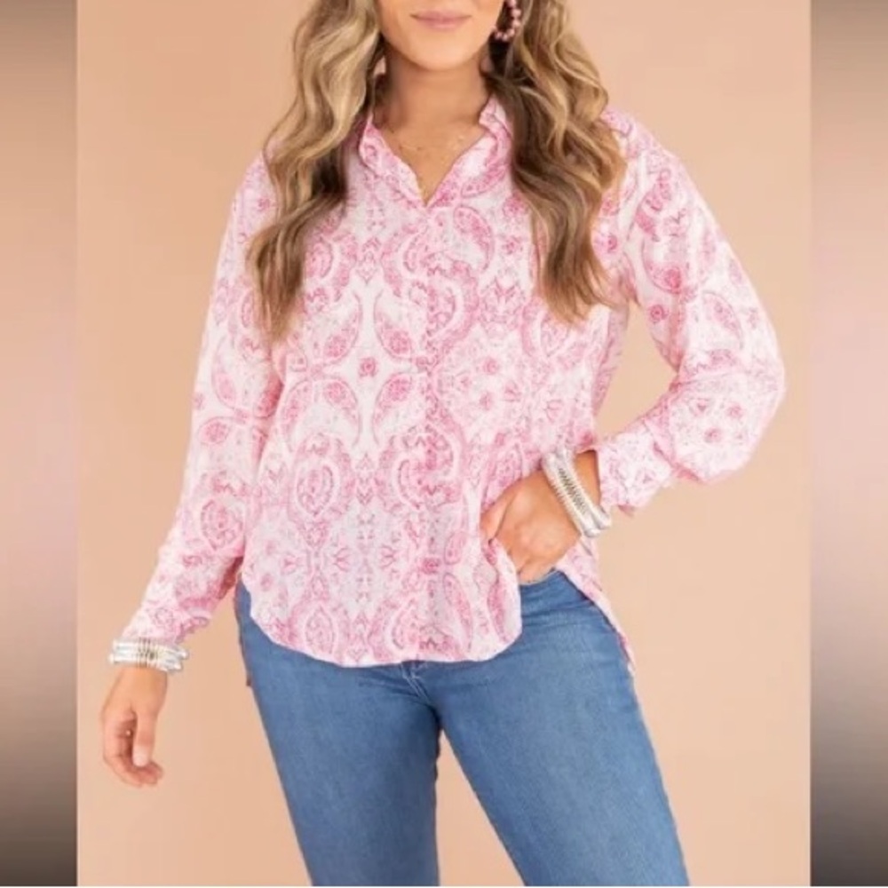 Anthropologie Entro Pink Paisley Button Down Blouse Long Sleeve Boho